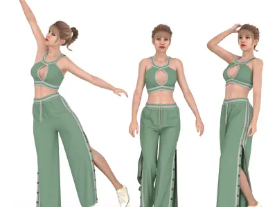 Dynamic 3D Sport and Dance Woman  - Crop Top and Wide Leg Pants  Low-poly 3D model