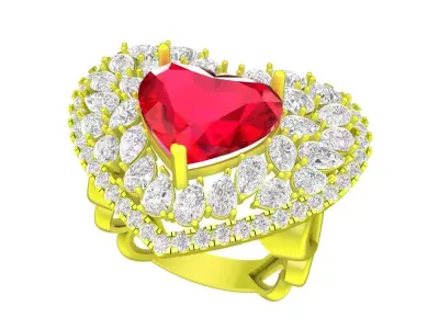 7415 Luxury Heart Shape Diamond Ring with Red Center Stone 3D print model