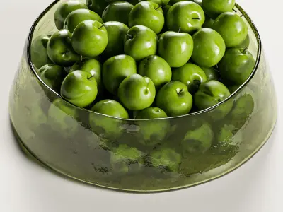 Low Glass Bowl with Green Plums 3D model