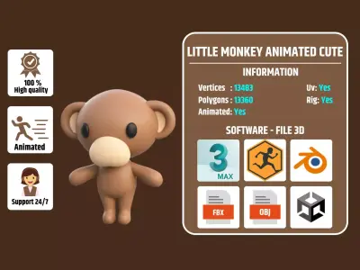 Little Monkey Animated Cute 3D Models For Games And Animations Low-poly 3D model