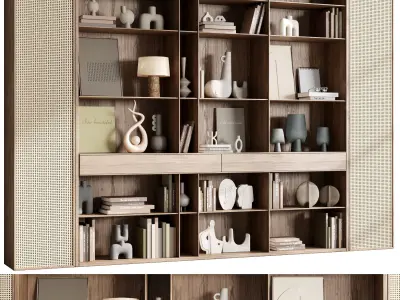 Cabinet rattan Furniture -Wooden Shelves Decorative With Book 07 3D model