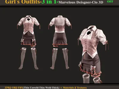 3 in 1 Girls Outfits- MD-Clo3d -OBJ - FBX -Materials-OFF 3D model