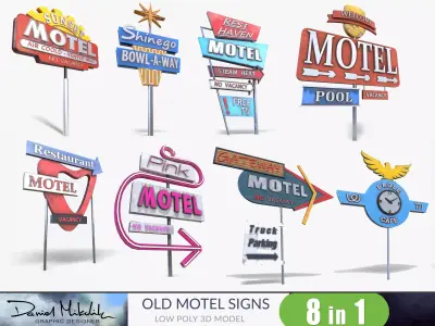 Bundle 8 Motorway Motel Sign PBR 3D Model Pack