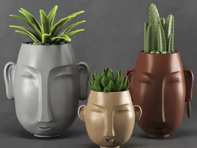 decore set three concrete planters with cactus plants 3D model
