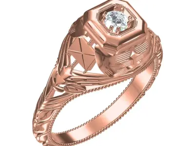 Unique Single Stone engraving Art Deco Ring 3D print model