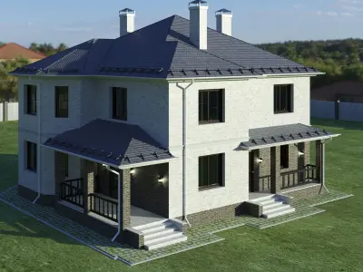 Cottage house on grassy field Low-poly 3D model