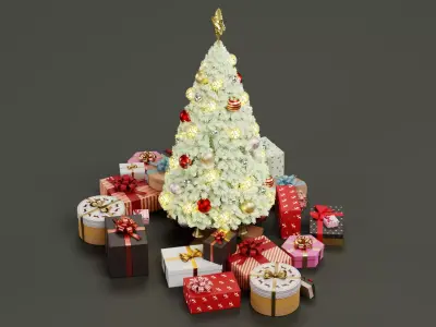 White Christmas Tree with Gifts - Decorated and Snowed  Low-poly 3D model