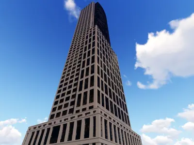 Tower - 5 tall building on field Low-poly 3D model
