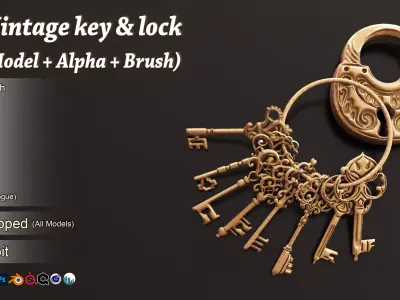 80 Vintage Key and Lock 3D Model   Alpha   Brush 3D model