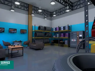 Car service - garage with equipment Low-poly 3D model