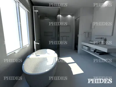 Bathroom with wood floors and mountains 3D model