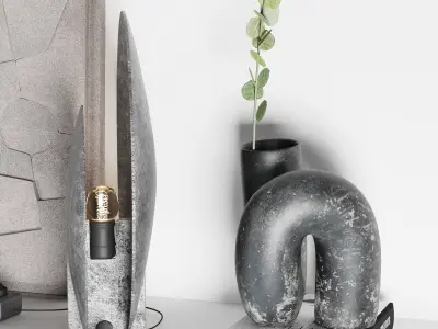 Decorative set 8 vases and sculptures on shelf 3D model