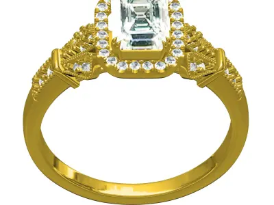 Emerald Stone Round Diamond Halo Art Deco Ring 3D print model