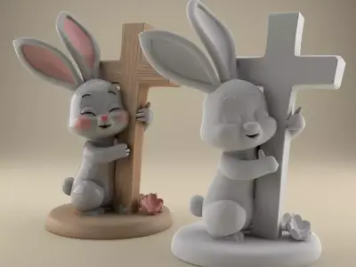 Easter Cute Bunny Hugging a Cross playful symbolic 4 3D print model