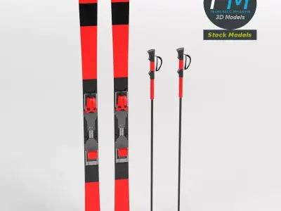 Alpine skis with poles 3D model