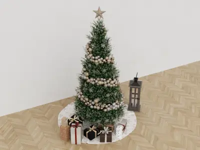 Christmas Tree 4 with gifts and old wooden lamp New year 3D model
