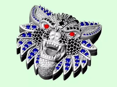 Wolf Head Pendant 3D Model  Gemstone Encrusted 3D print model