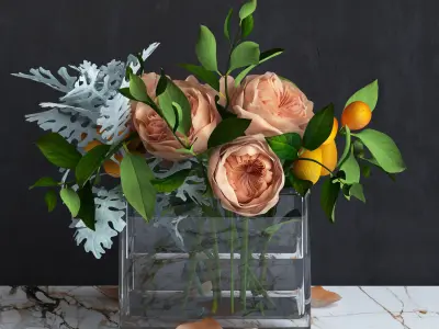 Bouquet of Austin Roses  Kumquat branches and Dusty Miller plant 3D model