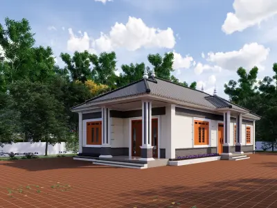 village house on brick patio 3D model