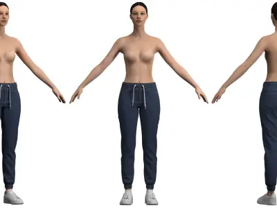 Womens Casual Tie-Front Fashion Jogger Denim Pants Blue - MD 3D model