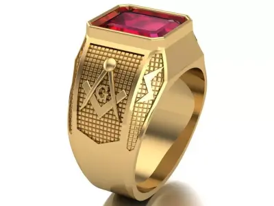 Masonic ring with rectangular emerald and embossed side symbols 3D print model