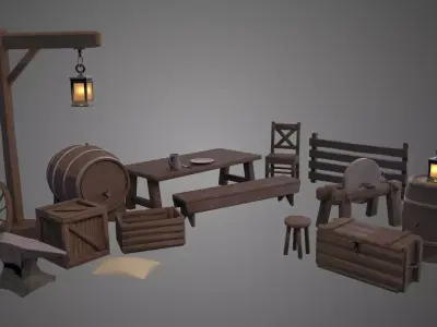 Medieval wooden village props Free 3D model
