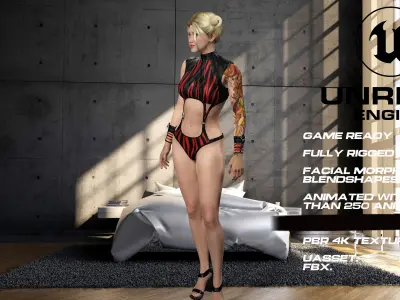 Tattoo girl full rigged - game ready - animated Low-poly 3D model