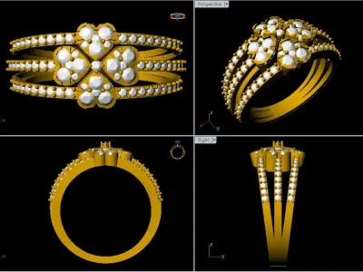 Double Floral Cluster Gold Ring   Diamond-Style Jewelry  3D print model