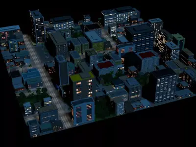 City Downtown Skyscraper Street 11 - NIGHT Low-poly 3D model