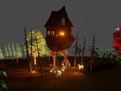 3D Rain Forest Scene Animated With Animals And Haunted Hut Low-poly 3D model
