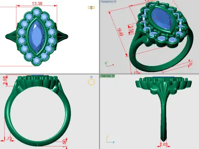 Marquise shaped halo ring with custom shank 3D print model
