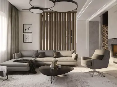 Cozy modern living room interior scene 3D model