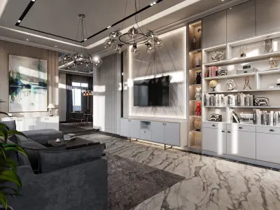 Living Room and Kitchen with Dinning Set Low-poly 3D model