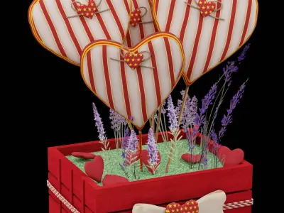 Hearts Boquet With Violet Flowers Low-poly 3D model