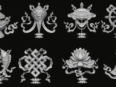 8 Auspicious symbols of Buddhism 3D Model Collection