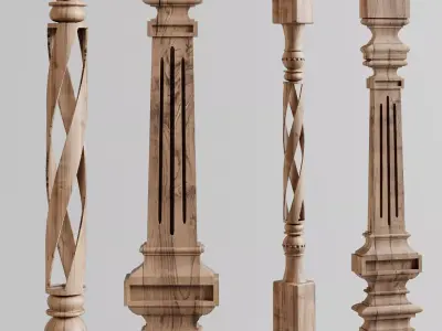 ballustrades wooden column with carvings 3D model