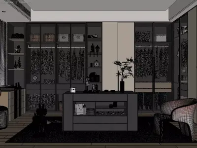 Modern Luxury Walk-In Closet with Integrated Vanity and Seating 3D model