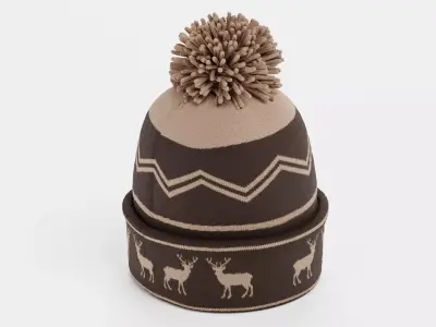 Winter Hat V6 - Brown Knit Beanie with Pom-Pom and Deer Pattern 3D model