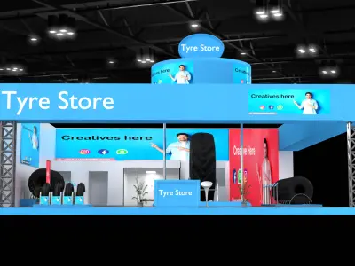 Modern tyre display booth with overhead branding and blue theme 3D model