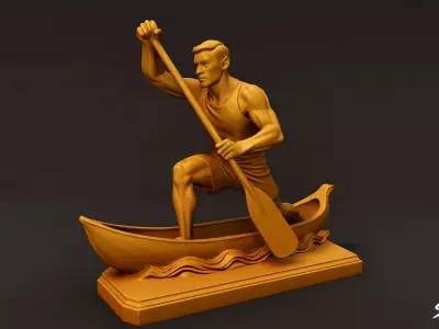 Golden Canoeing Statue Low-poly 3D model