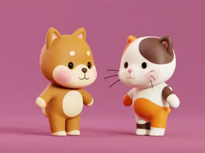 Cartoon Cat and Dog Shiba Chibi Kawaii Characters  Animals Pack  Low-poly 3D model