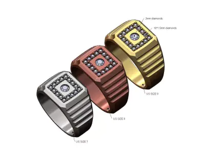 Fluted 3mm diamond square signet ring US sizes 7 8 9  3D print model