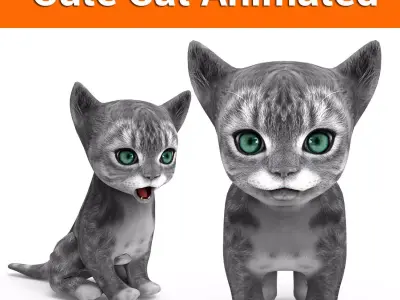cute cat gray animated 3D model Low-poly 3D model