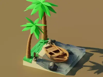 Beach with boat Low Poly Free 3D model