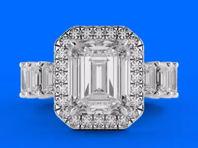 Emerald Cut Diamond Ring with Halo and Diamond Band 3D Model Free 3D print model