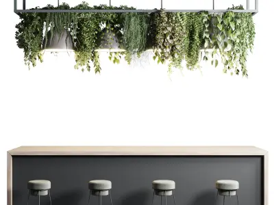 Coffee shop reception Restaurant counter by hanging plant  Low-poly 3D model