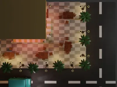 Resturant building with lights on street Low-poly 3D model