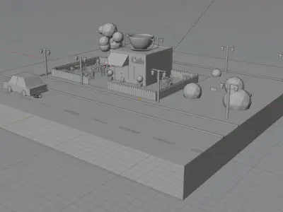 Low poly cafe city with street lights and car 3D model