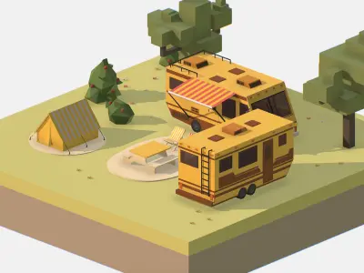 yellow tourist van on halt in meadow Low-poly 3D model