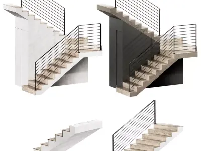 Stairs Modular kit Wooden steps metal railings staircase 3D model